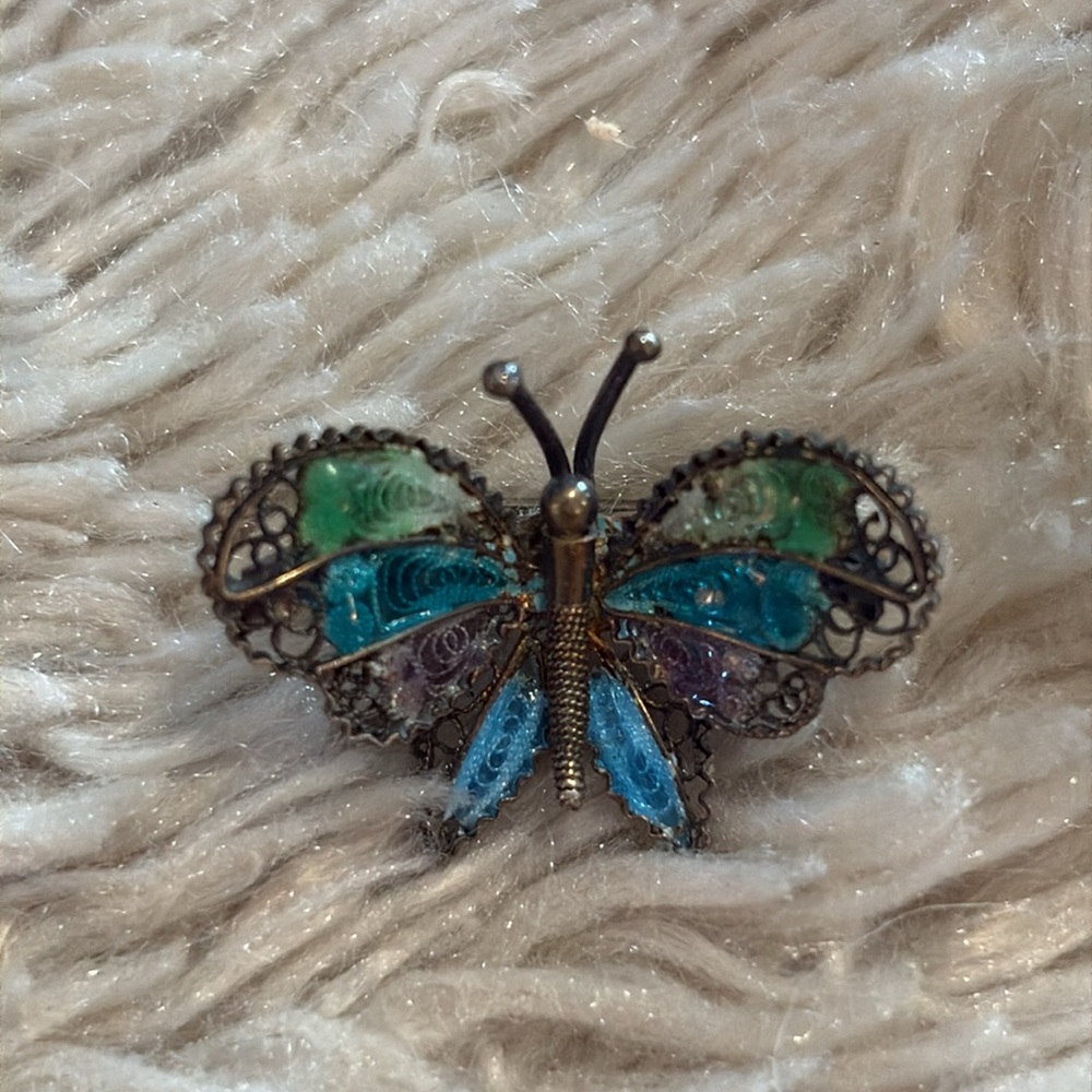 Vintage 800 Silver Plique A Jour Enamel Filigree Butterfly Pin Small Boho